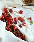 Cherries on kitchen cloth, cherry stoner & cherry stones