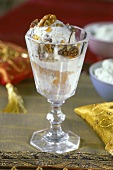 Walnut and fig ice cream sundae with rum-soaked raisins