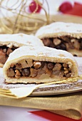 Three pieces of apple strudel, decorated for Christmas