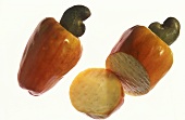 Two cashew fruits (with cashew nuts) one cut open