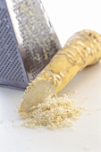 Freshly grated horseradish with grater in background