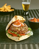 Burger with rocket and tomatoes in ciabatta roll