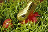Chocolate Easter bunny and red Easter egg in grass