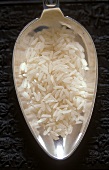 Uncooked Italian long-grain rice on silver spoon