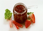 Strawberry and rhubarb jam in jar