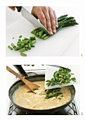 Making scrambled egg with green asparagus