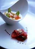 Slices of raw tuna with sesame and cauliflower cream