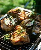 Barbecued rabbit pieces on grill rack