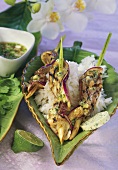 Barbecued duck breast kebabs with herb butter on rice