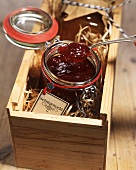 Home-made strawberry jam in a wooden box