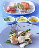 Fisch-Fondue mit drei verschiedenen Saucen