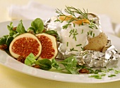 Baked potatoes with herb quark, and corn salad with figs