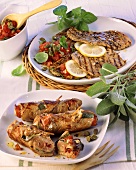 Barbecued veal and ham rolls and veal escalope