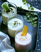 Cranberry and orange shake, herb soya milk, cucumber drink