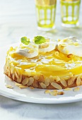 Apple sponge cake with cream and flaked almonds