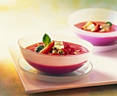 Cold strawberry soup with champagne jelly