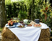 Dessert and cake buffet on bales of hay for a summer party