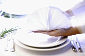 Hands placing decoratively folded napkin on a place setting