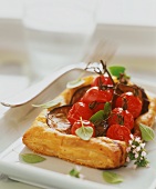 Savoury puff pastry with vine tomatoes and aubergines