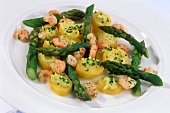 Green asparagus with potatoes, shrimps & asparagus mousse