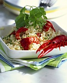 Freshwater crayfish on rice salad