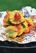 Vegetable kebabs for barbecue, with sweetcorn and peppers