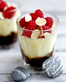 Vanilla blancmange with raspberries on fruit puree