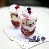 Vanilla mousse with blackberries on fruit sauce