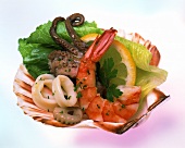 Seafood in scallop shell