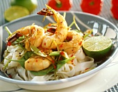 Shrimps with pimento and noodles