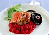 Roast beef with mustard crust and beetroot puree