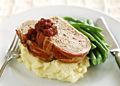 Meatloaf with mashed potato and green beans