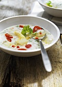 Creamed asparagus soup with tomatoes, lemon grass and chili