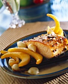 Salmon in maple syrup with pearl onions and quinces