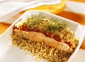 Baked salmon fillet on brown rice