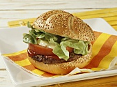 Barbecued hamburger with tomato, mayonnaise, ketchup & salad