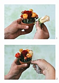 Making small arrangement of roses