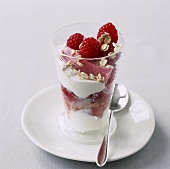 Layered dessert with raspberries, rhubarb & yoghurt