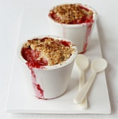 Rhubarb and raspberry crumble in two pots