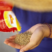 Lawn seed being poured into a hand