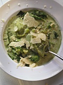 Green noodle soup with spinach, broccoli, beans & parmesan