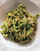 Home-made spinach noodles (spaetzle) with toasted breadcrumbs