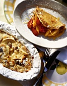 Pasta Omelet Stuffed with Oranges and Strawberries; Apple Pasta Bake