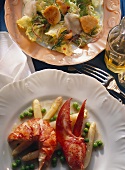 Green salad with scallops and lobster salad with asparagus