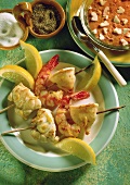 Barbecued fish, cuttlefish & shrimp kebabs with pepper dip