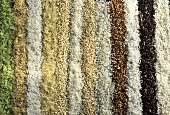 Various types of rice laid out in stripes