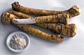 Four sticks of horseradish & bowl of grated horseradish