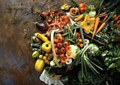 Trug filled with many different types of vegetables