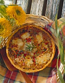 Savoury mince quiche with peppers and oregano flowers
