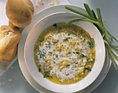 Barley soup with herbs, spring onions, saffron & cream